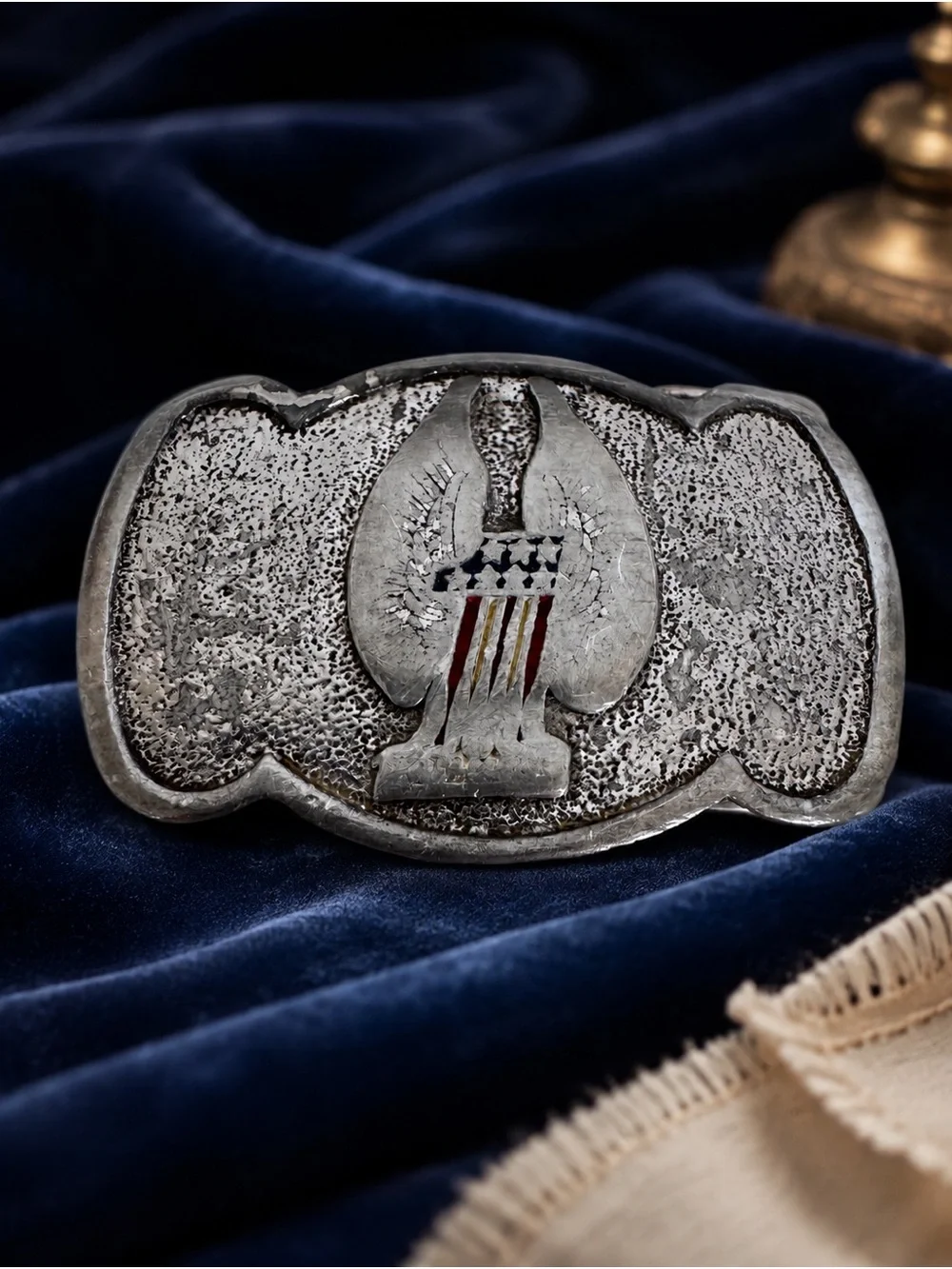 Vintage Signed American Eagle Flag Enamel Belt Buckle Western Americana Men USA